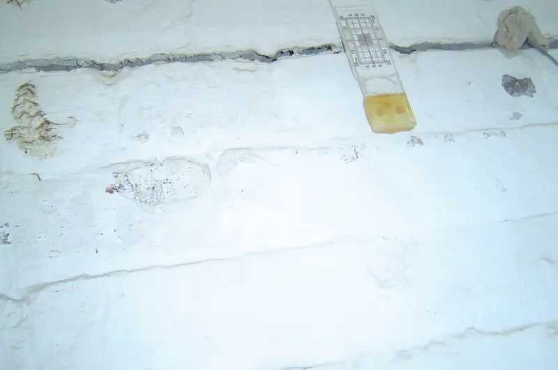 Interior wall with marked and measured cracks during a structural inspection